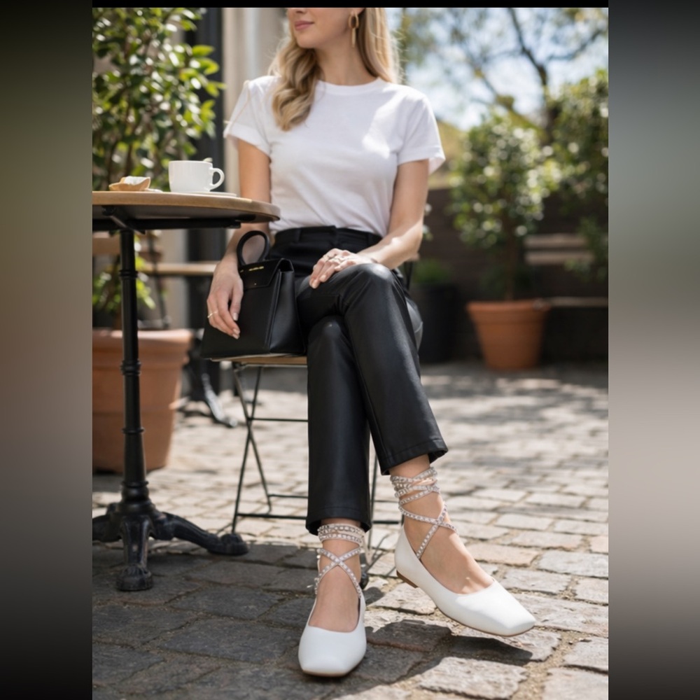 NWT Amina Muaddi Ane lace-up crystal Embellished leather ballet Flats Ivory Sz 7